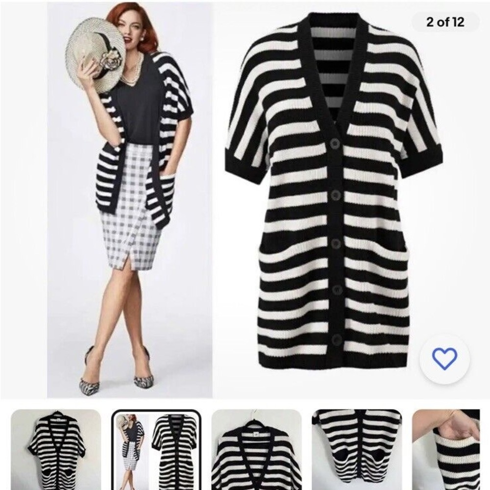 Cabi Whistle Black White Striped Woven Short Sleeved Cardigan Sweater Size XXS